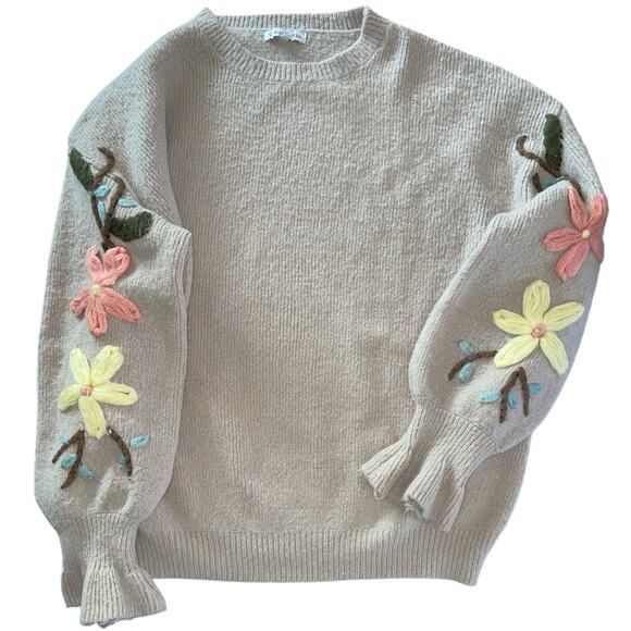 See and Be Seen Array of Flowers Embroidered Tan Sweater Medium - Picture 4 of 11